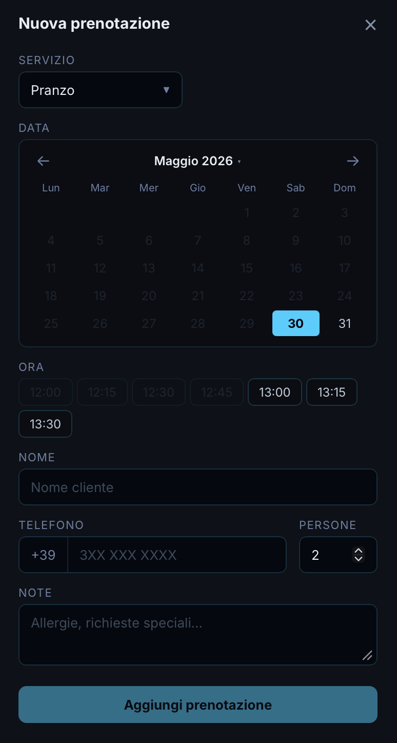 Widget nuova prenotazione